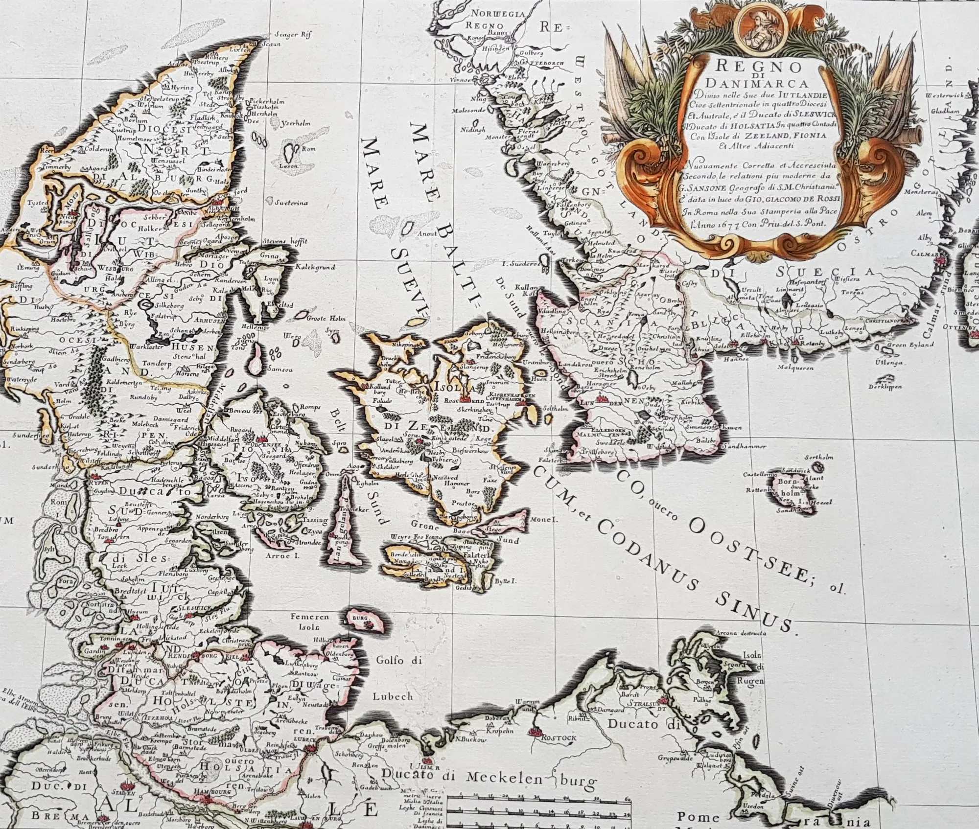 1677 De Rossi Large Original Antique Map of Denmark & Sweden, Schleswig Holstein