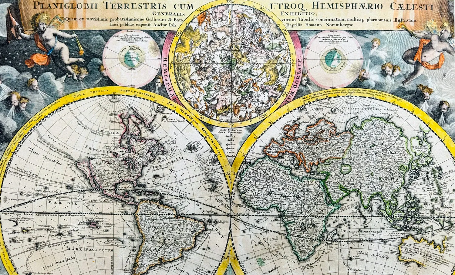 1707 Homann Rare Ist Edition Twin Hemisphere World Antique Map, California Isle.