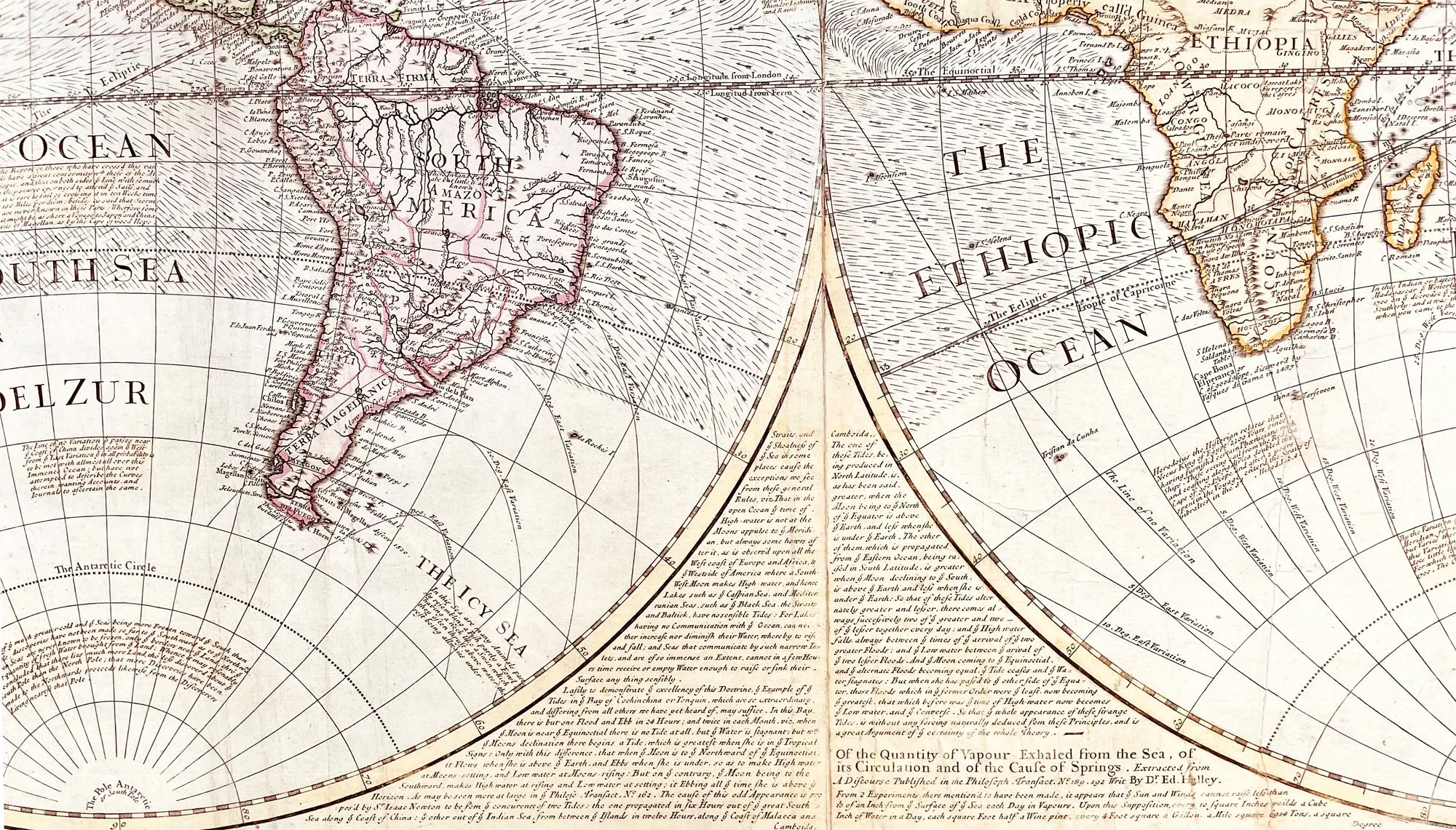 1725 John Senex Large Twin Hemisphere World Antique Map Isaac Newton & Ed Halley