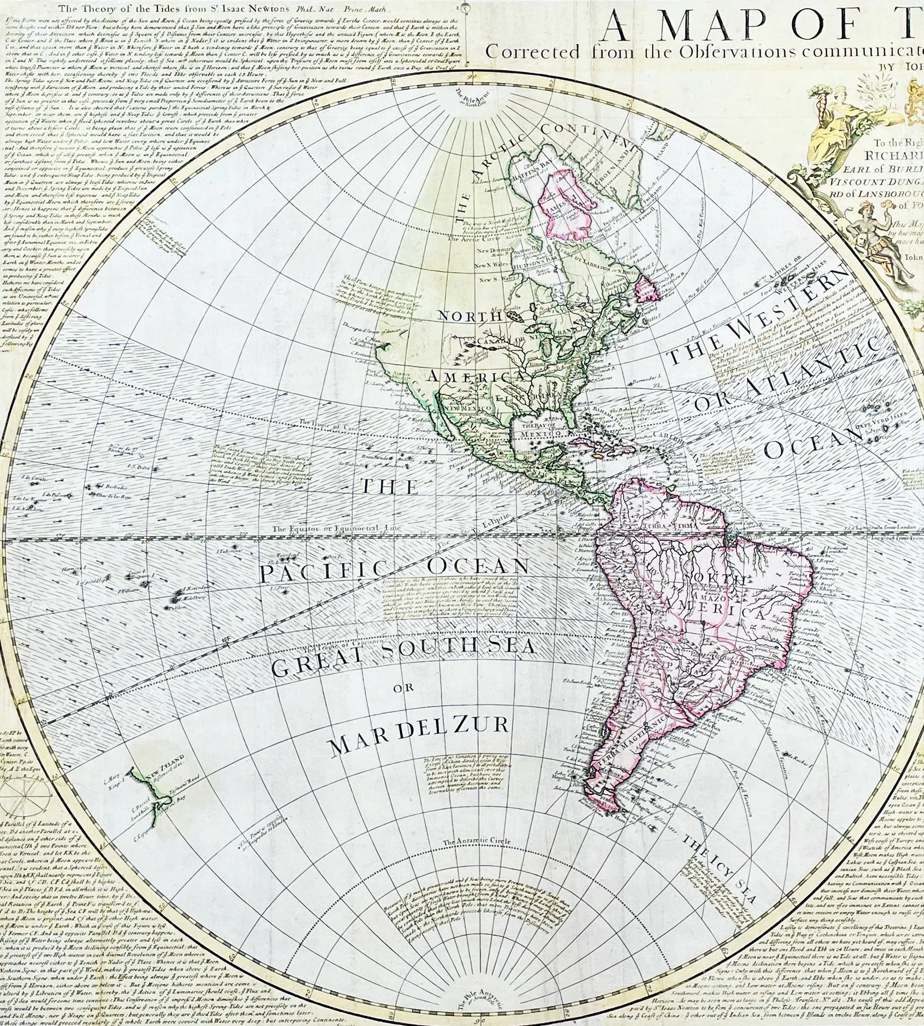 1725 John Senex Large Twin Hemisphere World Antique Map Isaac Newton & Ed Halley