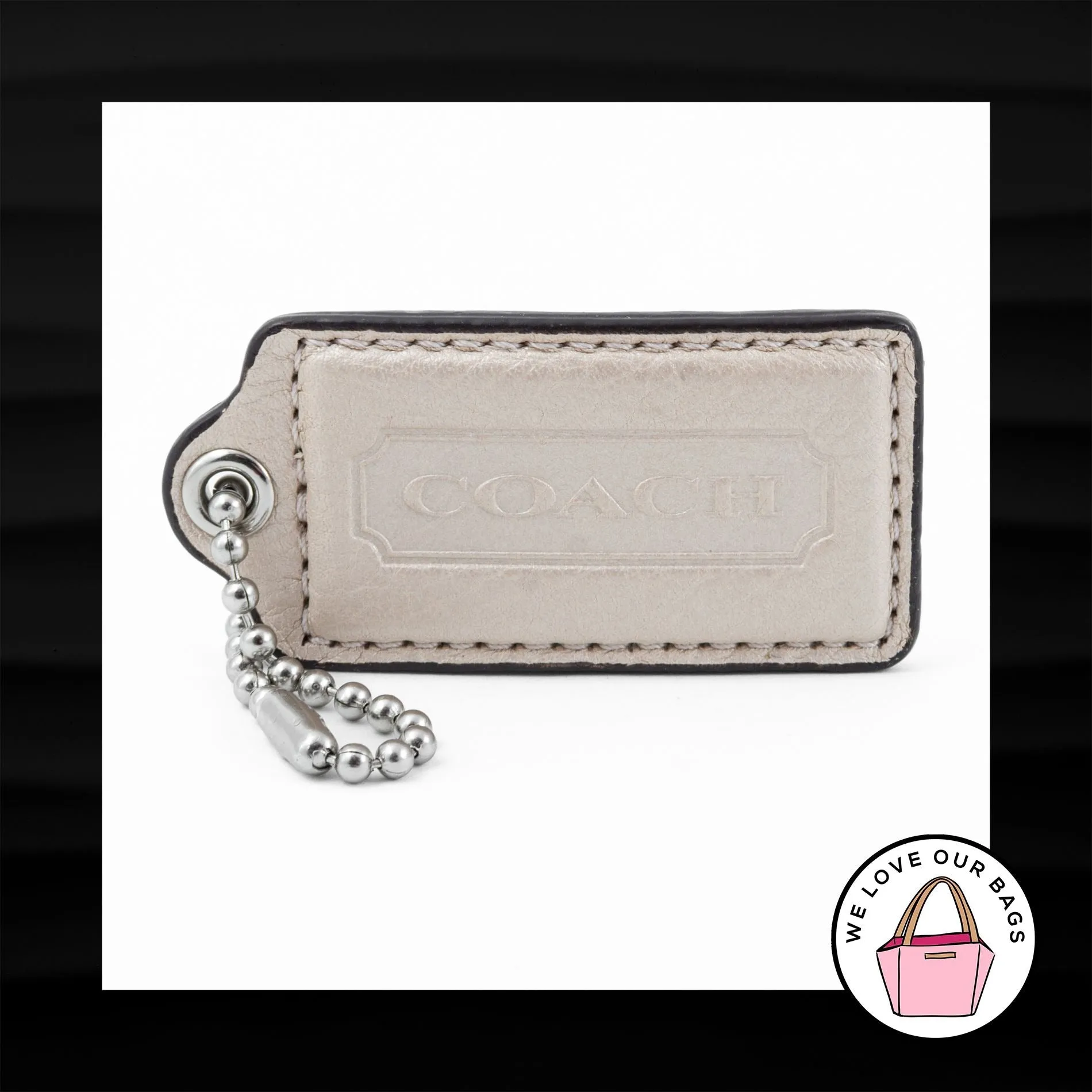 2.5" Large COACH PEARL BEIGE LEATHER KEY FOB BAG CHARM KEYCHAIN HANGTAG TAG