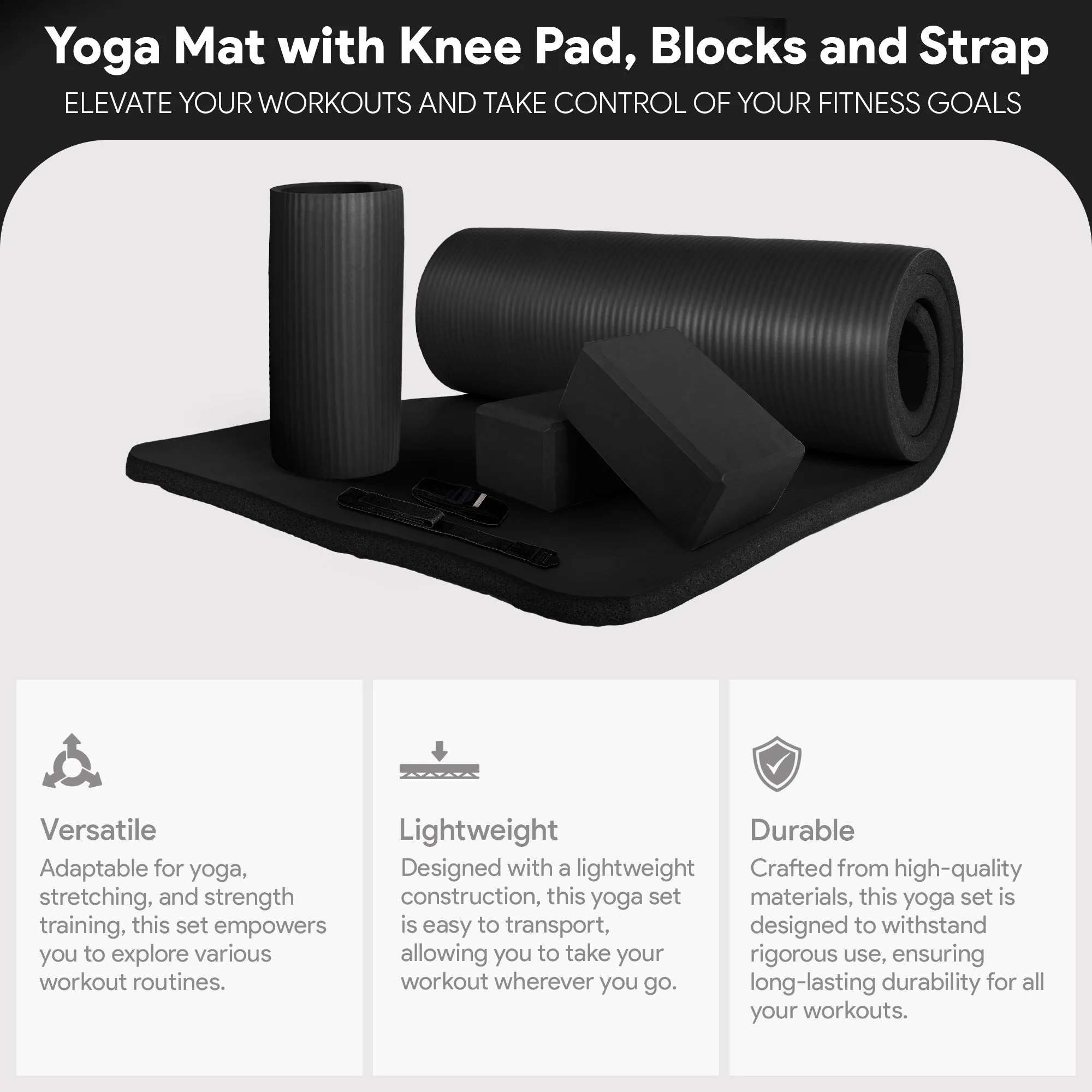 BalanceFrom 71"x24" Anti Tear Yoga Mat w/Strap, Pad & Blocks, Black(Open Box)