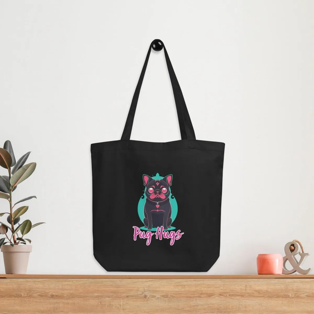 Black Eco Tote Bag Candy Pug Hugs