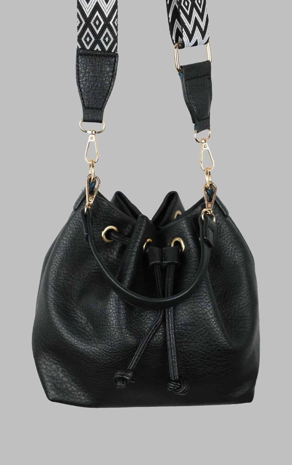 Black PU Leather Circle Drawstring Bag