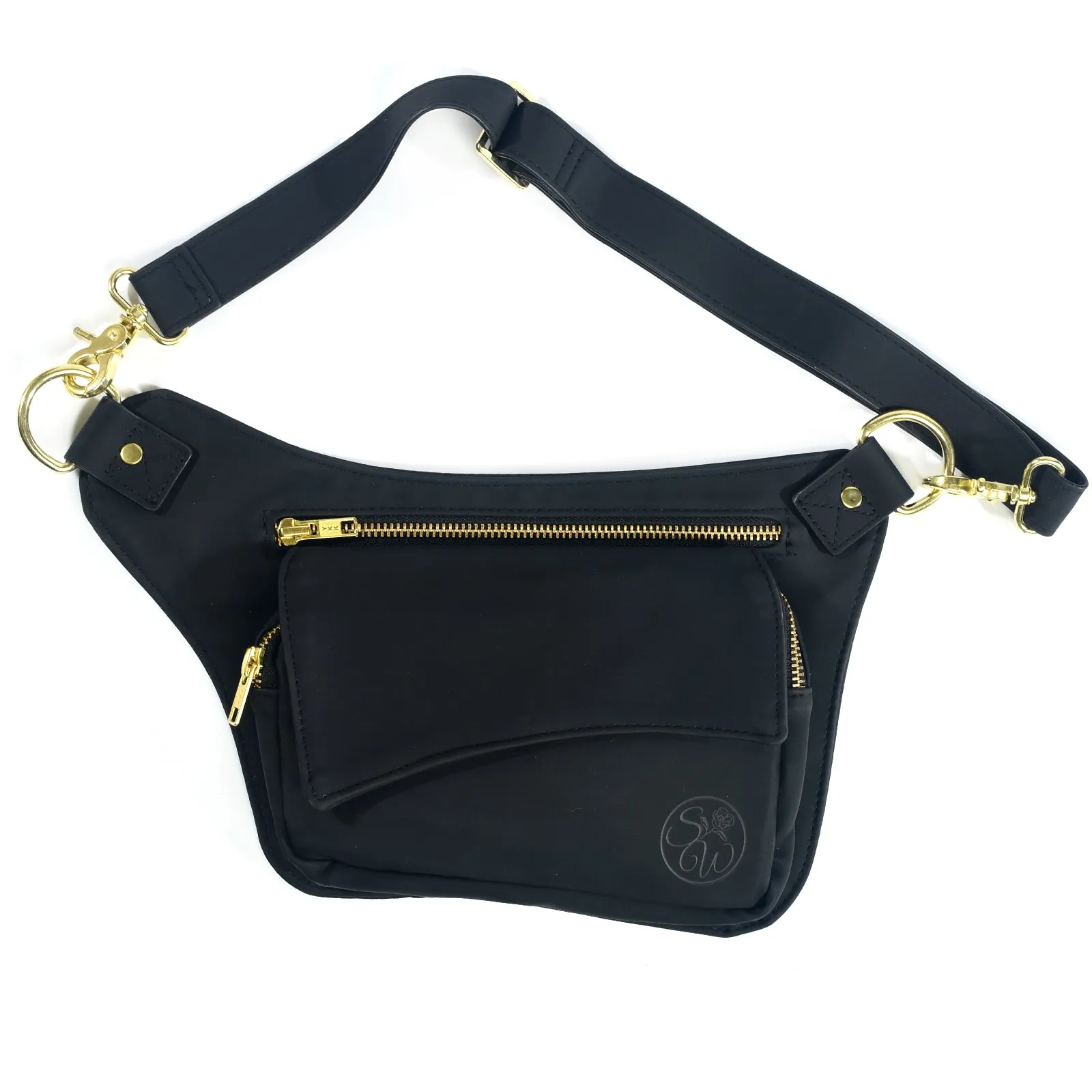 Black Vegan Leather Hip Bag (Gold)