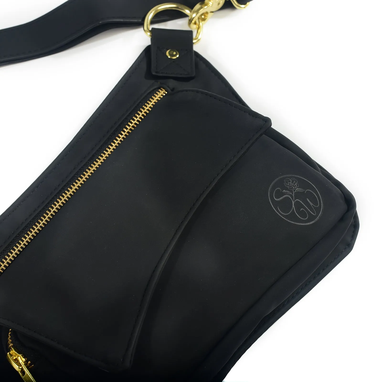 Black Vegan Leather Hip Bag (Gold)