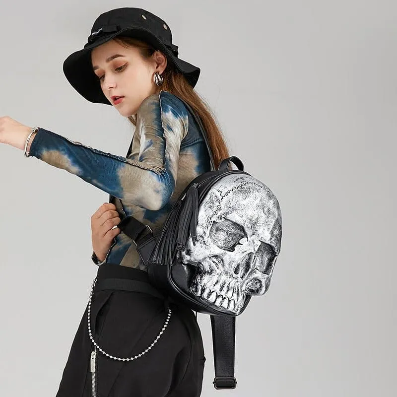 Bold Embossed Three-dimensional Skull Punk Backpack with Fringe