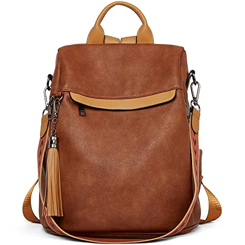 BROMEN Backpack Purse for Women Leather Anti-theft Travel Backpack Fashion Shoulder Bag Contrast Brown