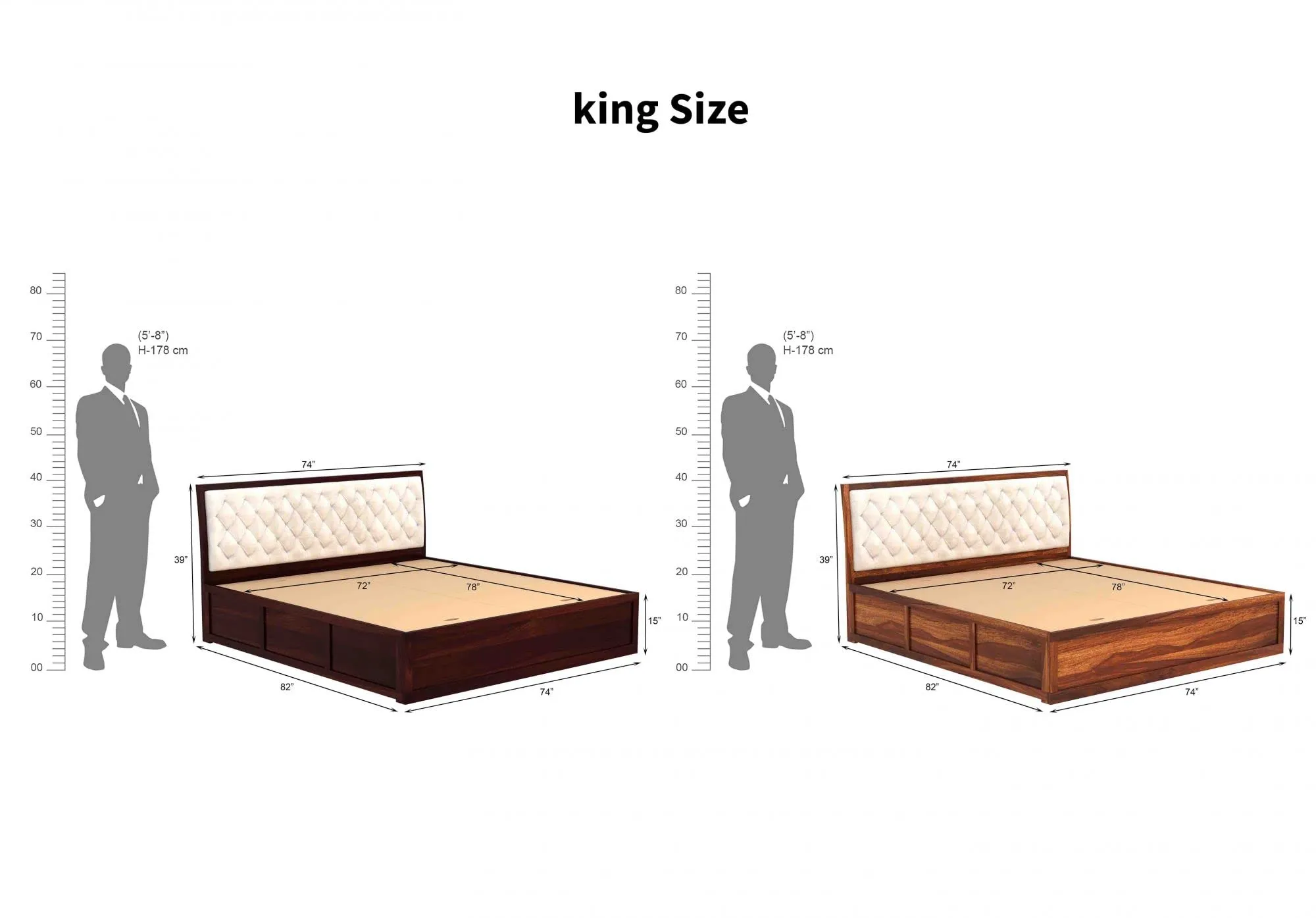 Budhakish Furniture Solid Sheesham Wood King Size Bed with Storage | Wooden Double Bed Cot Bed with Box Storage & White Upholstered Cushioned Headboard for Bedroom | 6.5 X 6 FT, Walnut Finish