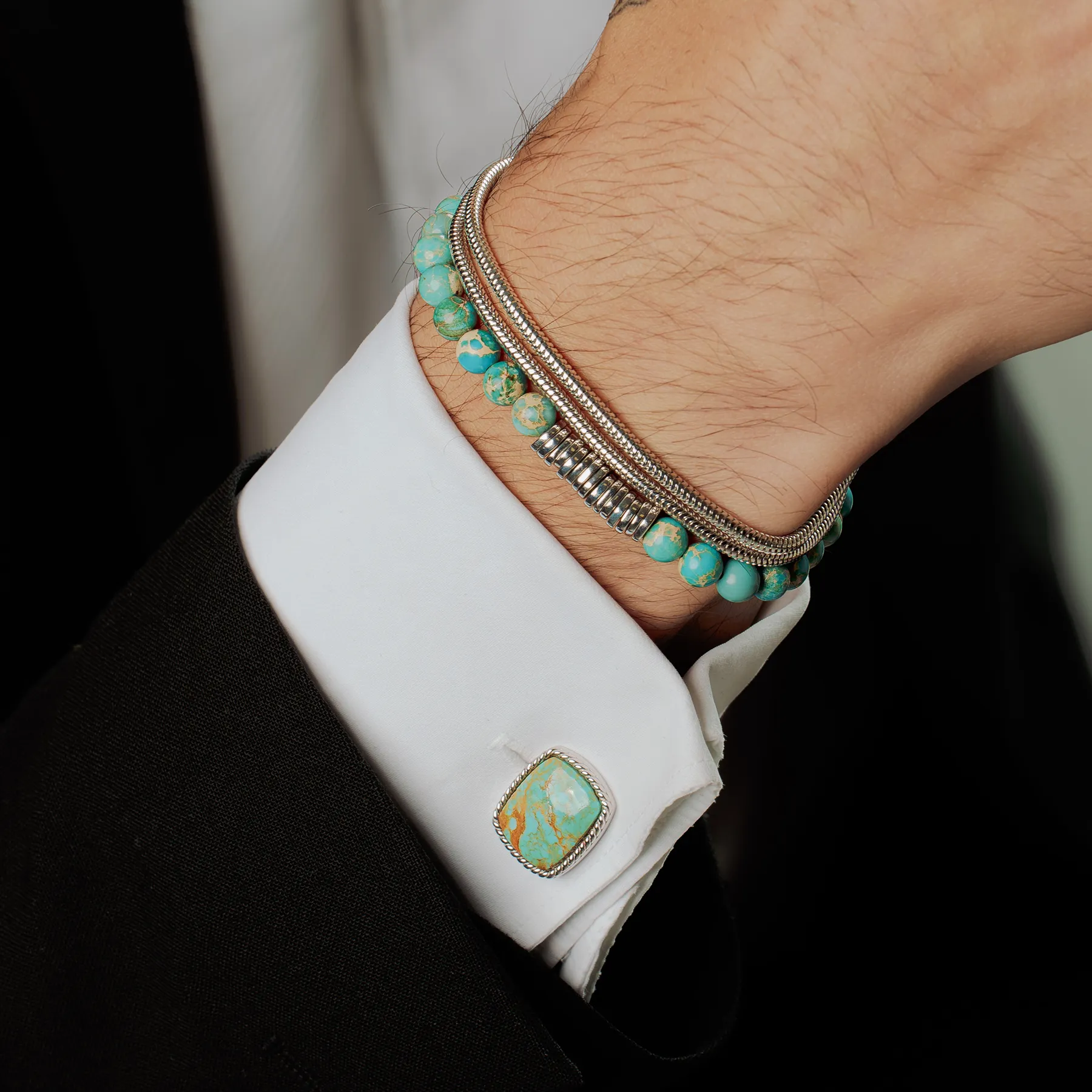 Cable Jasper Cufflinks in Rhodium Plated Silver with Amaroo Turquoise