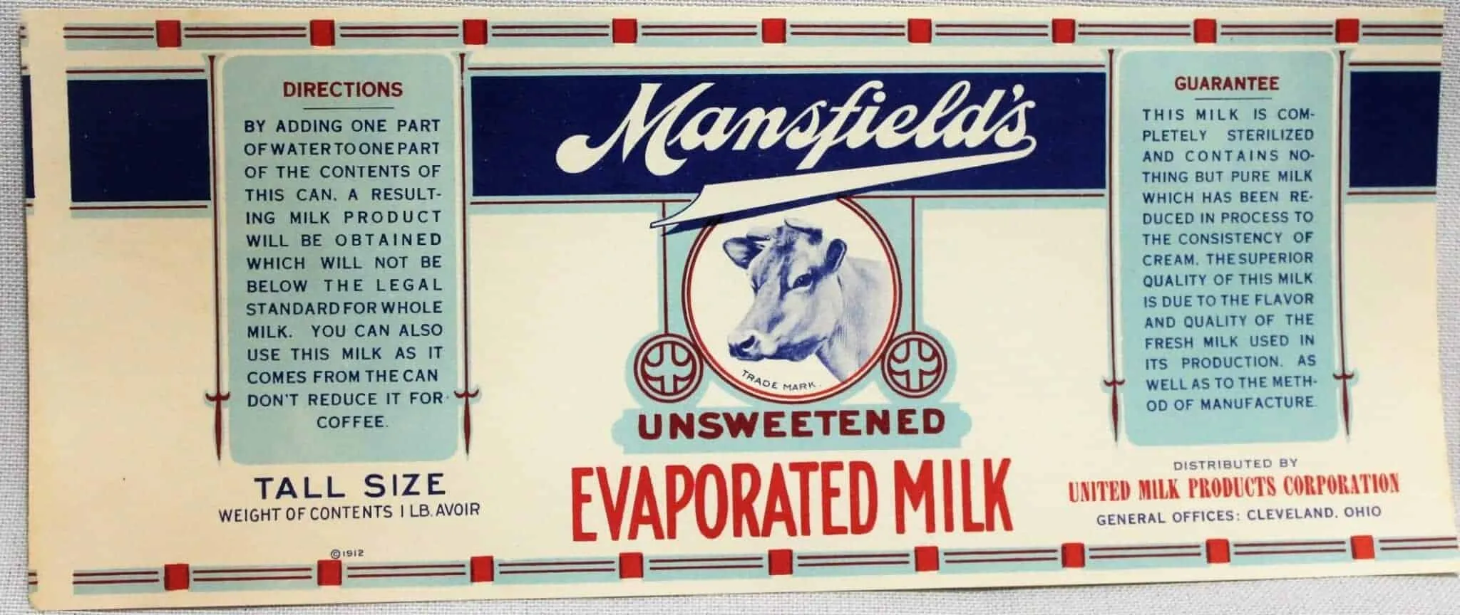 Can Label, Mansfield's Evaporated Milk, Original, NOS Lithograph, Antique, 1910's, RARE