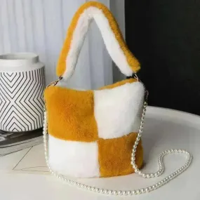 Checkerboard Plush Bucket Bag With Pearl Chain