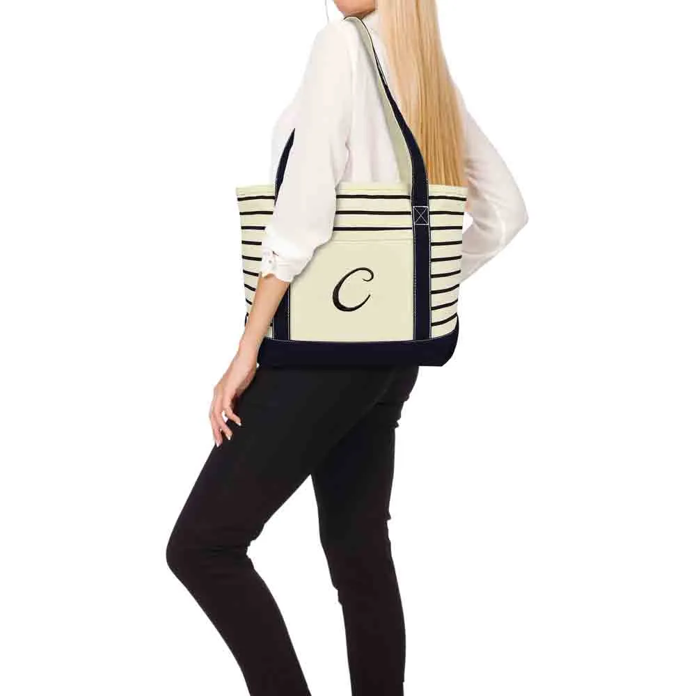 Dalix Striped C-Initial Tote Bag Womens Ballent Letter C