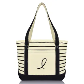 Dalix Striped I-Initial Tote Bag Womens Ballent Letter I