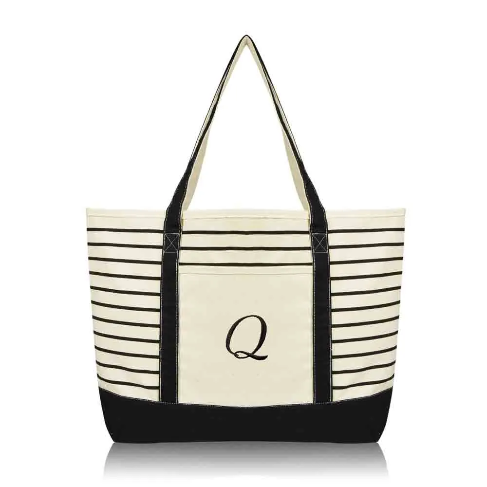 Dalix Striped Q-Initial Tote Bag Womens Ballent Letter Q