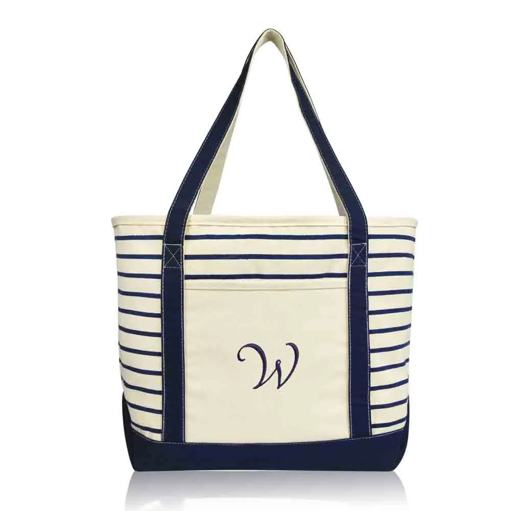 Dalix Striped W-Initial Tote Bag Womens Ballent Letter W