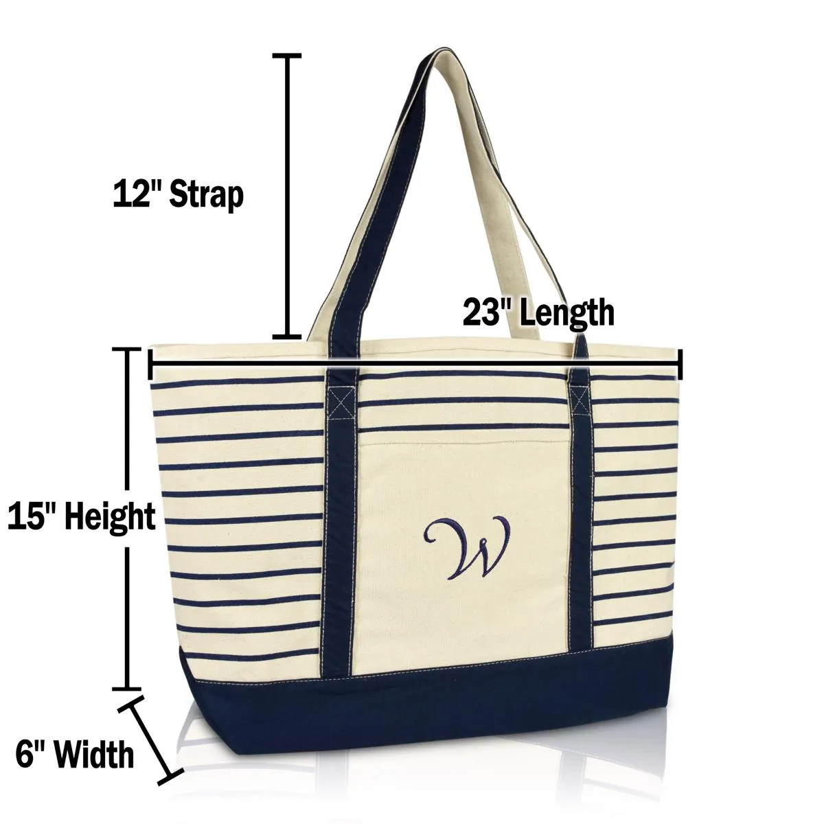 Dalix Striped W-Initial Tote Bag Womens Ballent Letter W