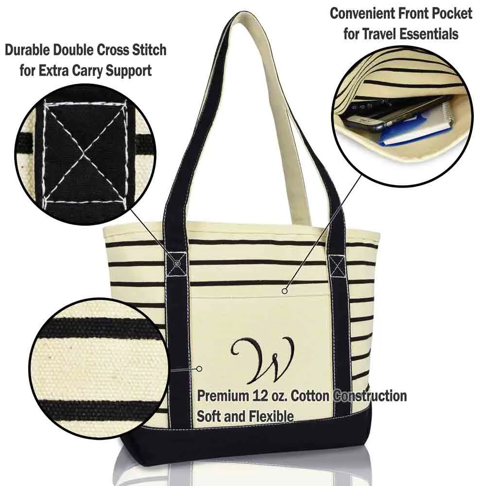 Dalix Striped W-Initial Tote Bag Womens Ballent Letter W