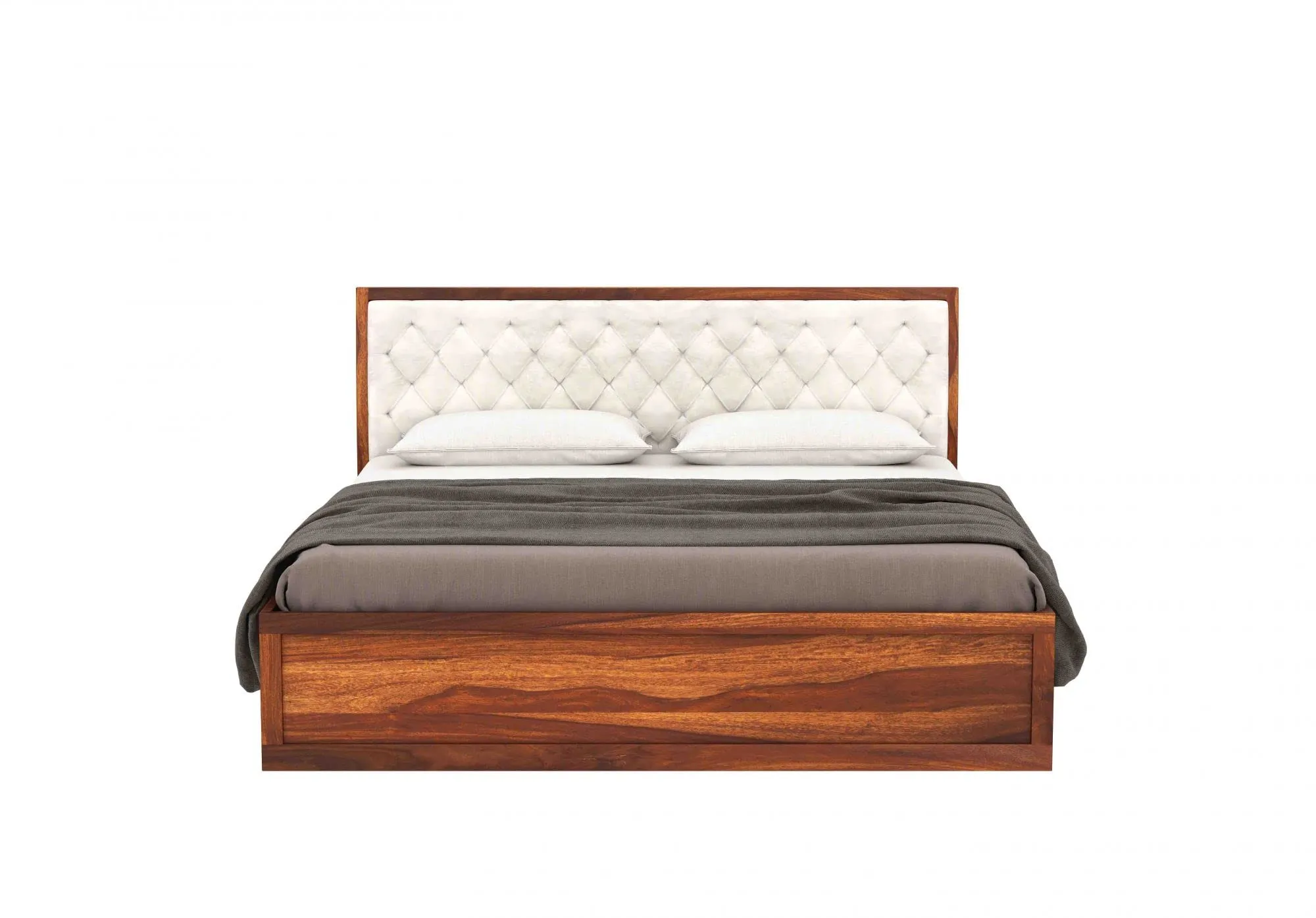 DRIFTINGWOOD Dolvi Solid Sheesham Wood King Size Bed with Storage | Wooden Double Bed Cot Bed with Box Storage & Upholstered Cushioned Headboard for Bedroom | Rosewood, Teak Finish