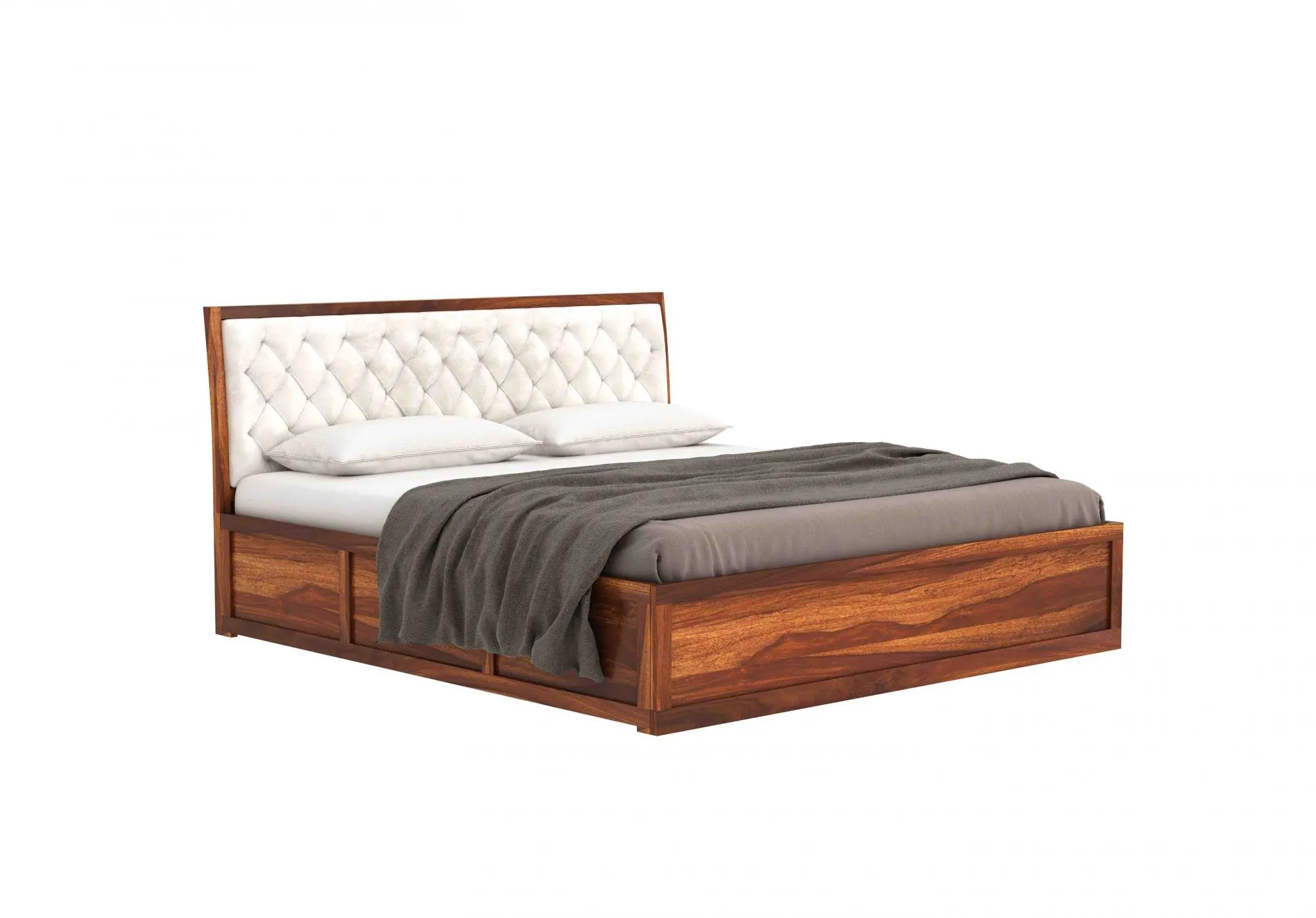 DRIFTINGWOOD Dolvi Solid Sheesham Wood King Size Bed with Storage | Wooden Double Bed Cot Bed with Box Storage & Upholstered Cushioned Headboard for Bedroom | Rosewood, Teak Finish