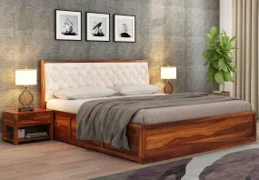 DRIFTINGWOOD Dolvi Solid Sheesham Wood King Size Bed with Storage | Wooden Double Bed Cot Bed with Box Storage & Upholstered Cushioned Headboard for Bedroom | Rosewood, Teak Finish