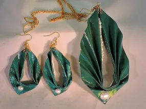 Eco Friendly Shaded Teal/Yellow Paper Bag Pleated Pendant and Dangle Earring Set