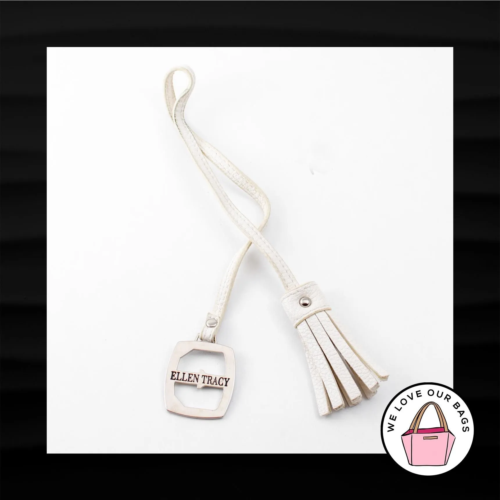 ELLEN TRACY WHITE IVORY LEATHER BRAIDED TASSEL NICKEL FOB CHARM KEYCHAIN HANGTAG