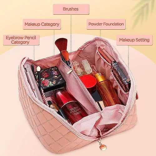 Ghime Cosmetic Bag for Women, Makeup Bag PU Leather Portable and Large Capacity Makeup Storage Bag with Handle and Divider (2. Pink)