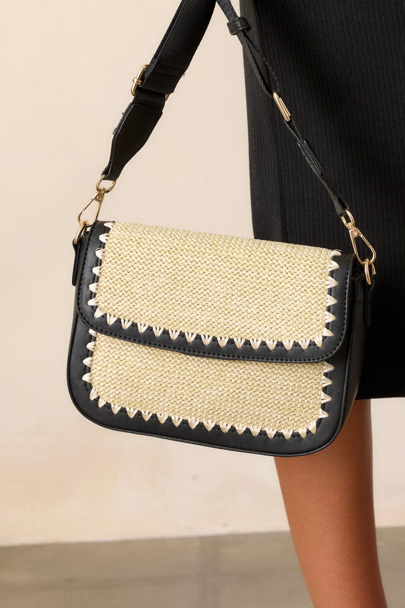 Golden Horizon Natural Woven Black Handbag