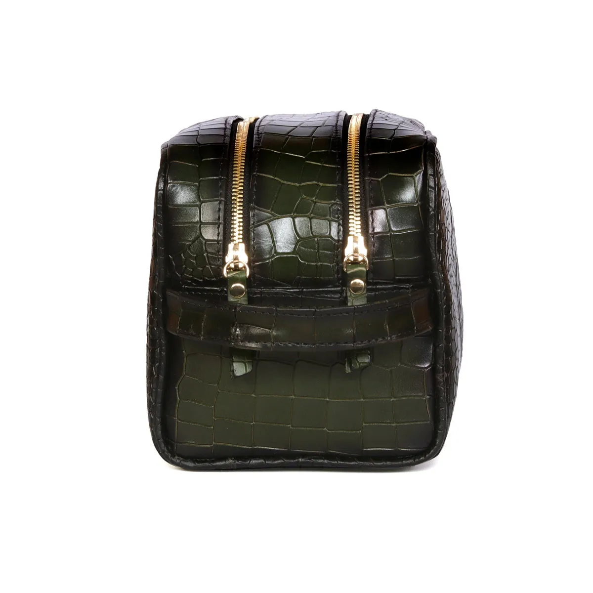 Green Deep Cut Leather Toiletry / Travel Bag