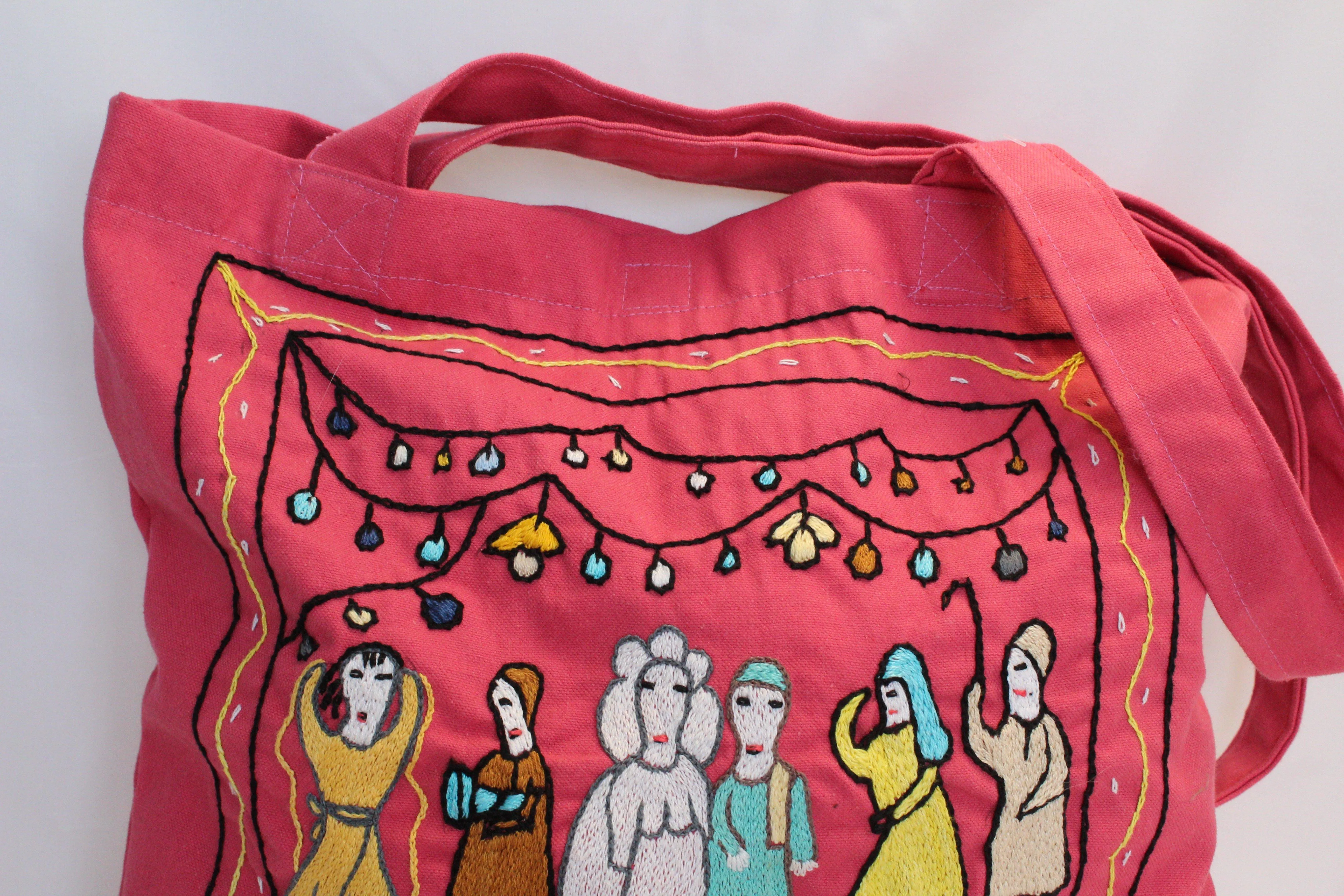 Hand Embroidered Canvas Tote Bag - Pink