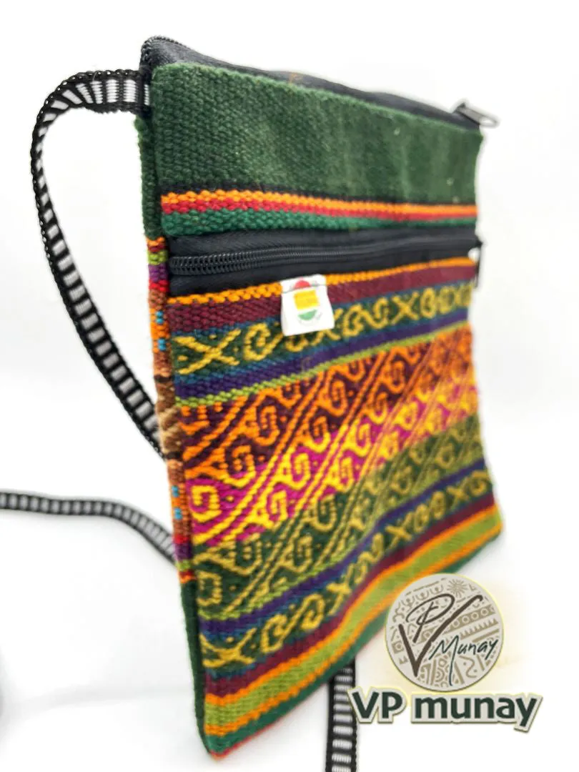 Handcrafted Green stripes Cross Body / Passport Bag, Bolivia