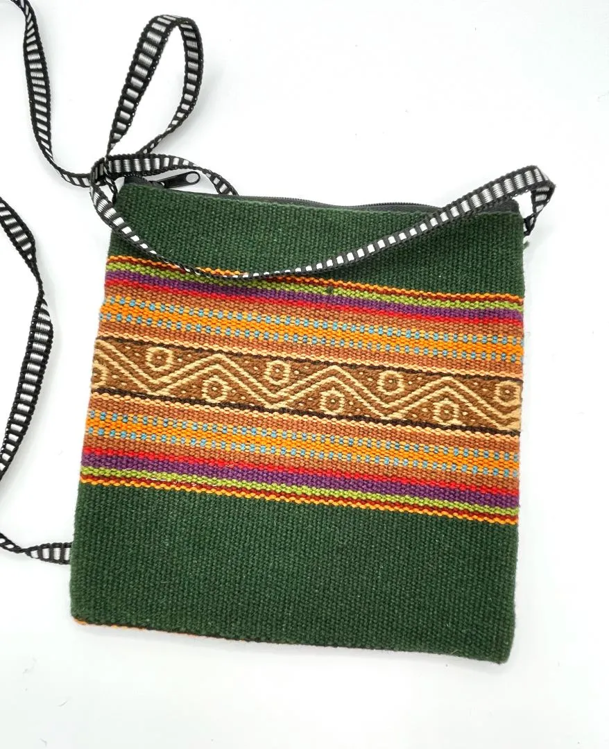 Handcrafted Green stripes Cross Body / Passport Bag, Bolivia