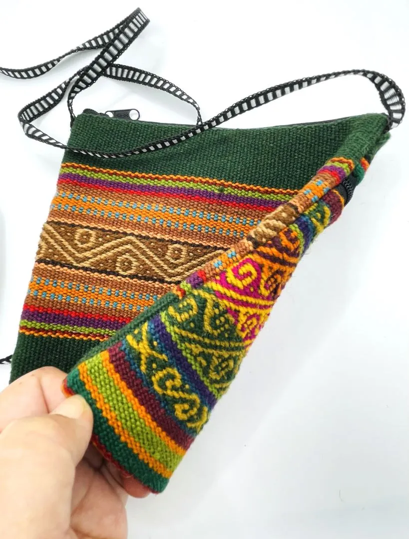 Handcrafted Green stripes Cross Body / Passport Bag, Bolivia