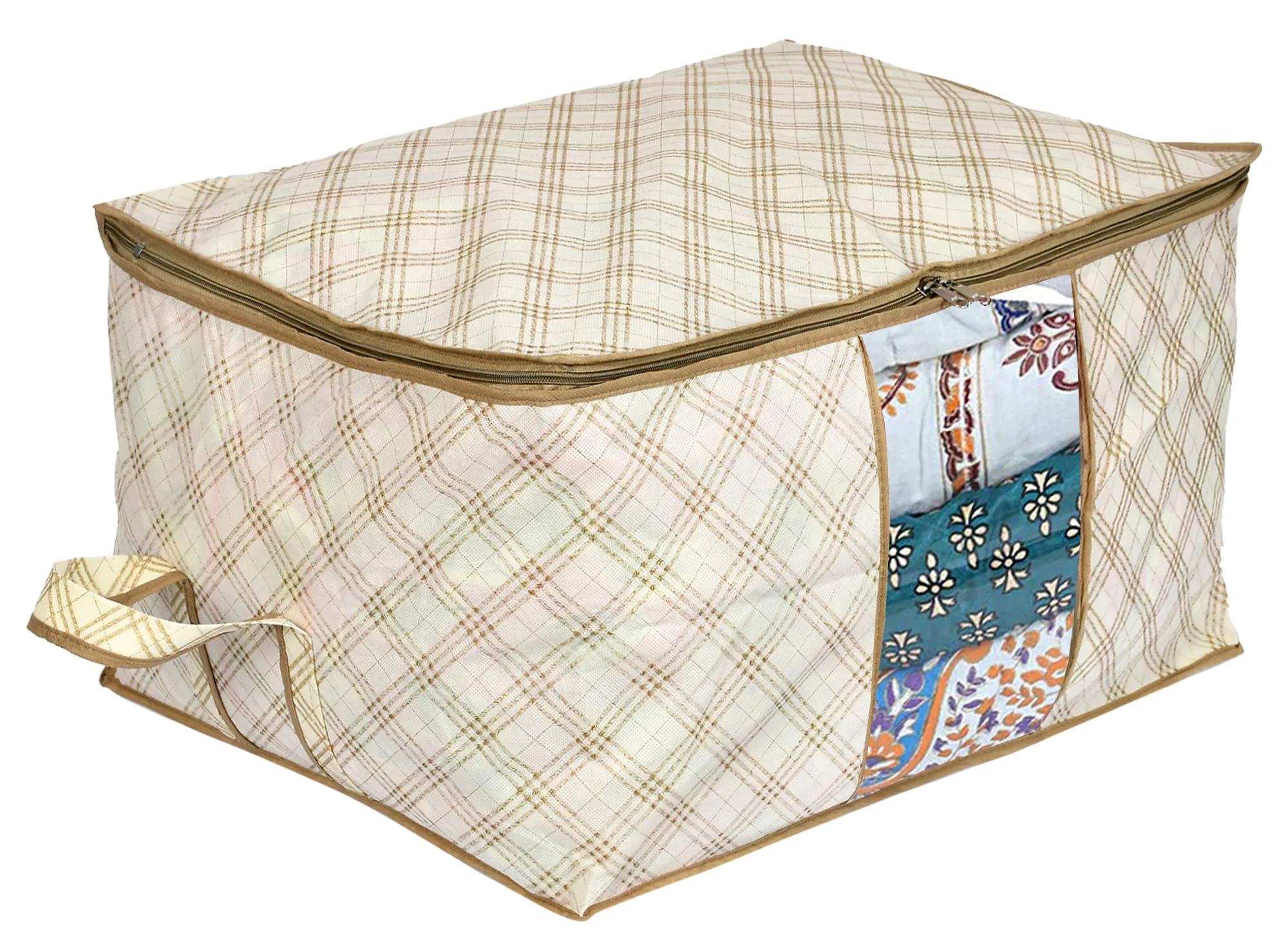 Heart Home Metalic Checkered Print Non Woven Underbed Storage Bag,Cloth Organiser,Blanket Cover with Transparent Window (Ivory)-HHEART16581