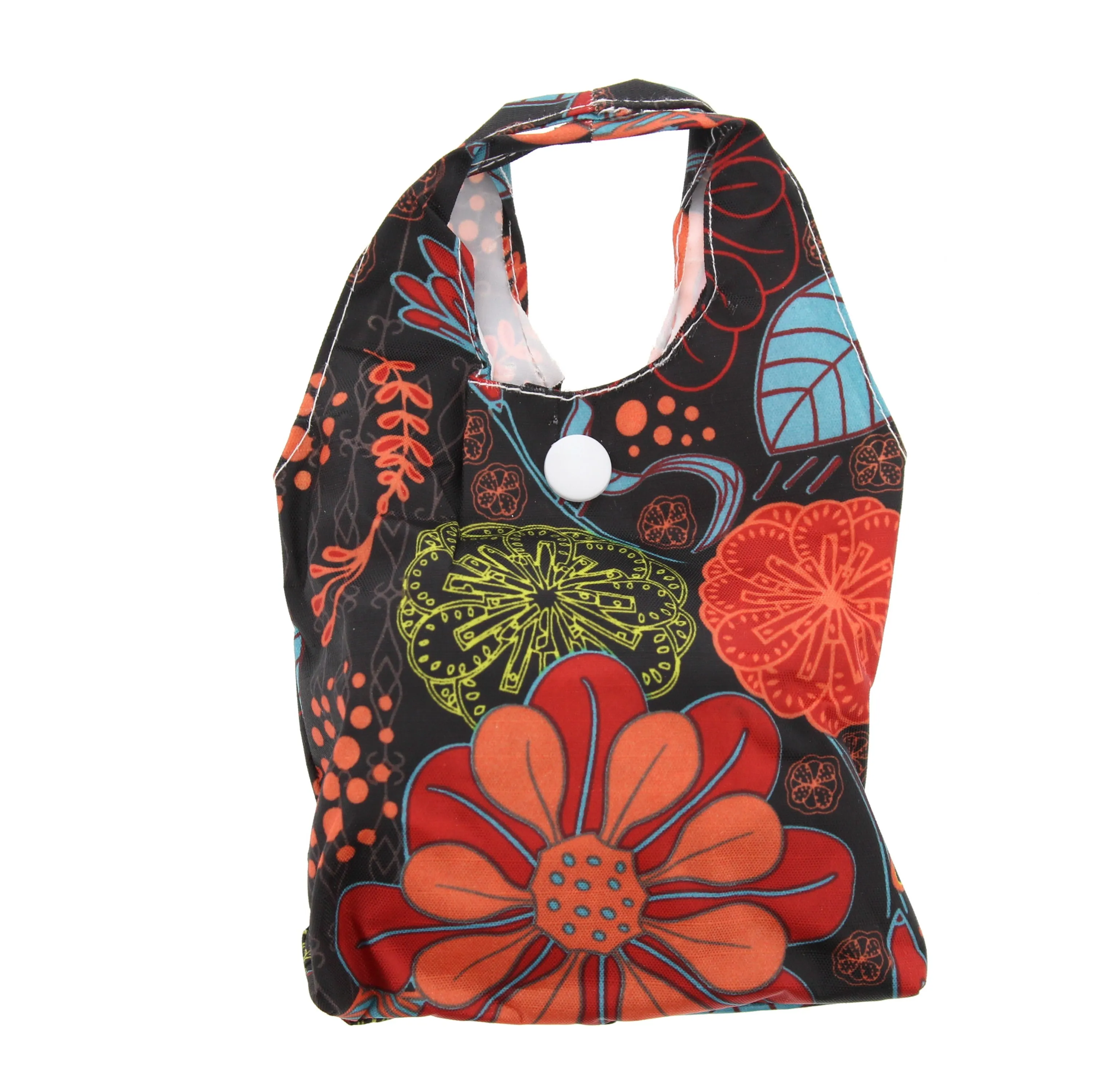 Heavy Duty Floral Print Black Shopping Bag in Pocket Pouch