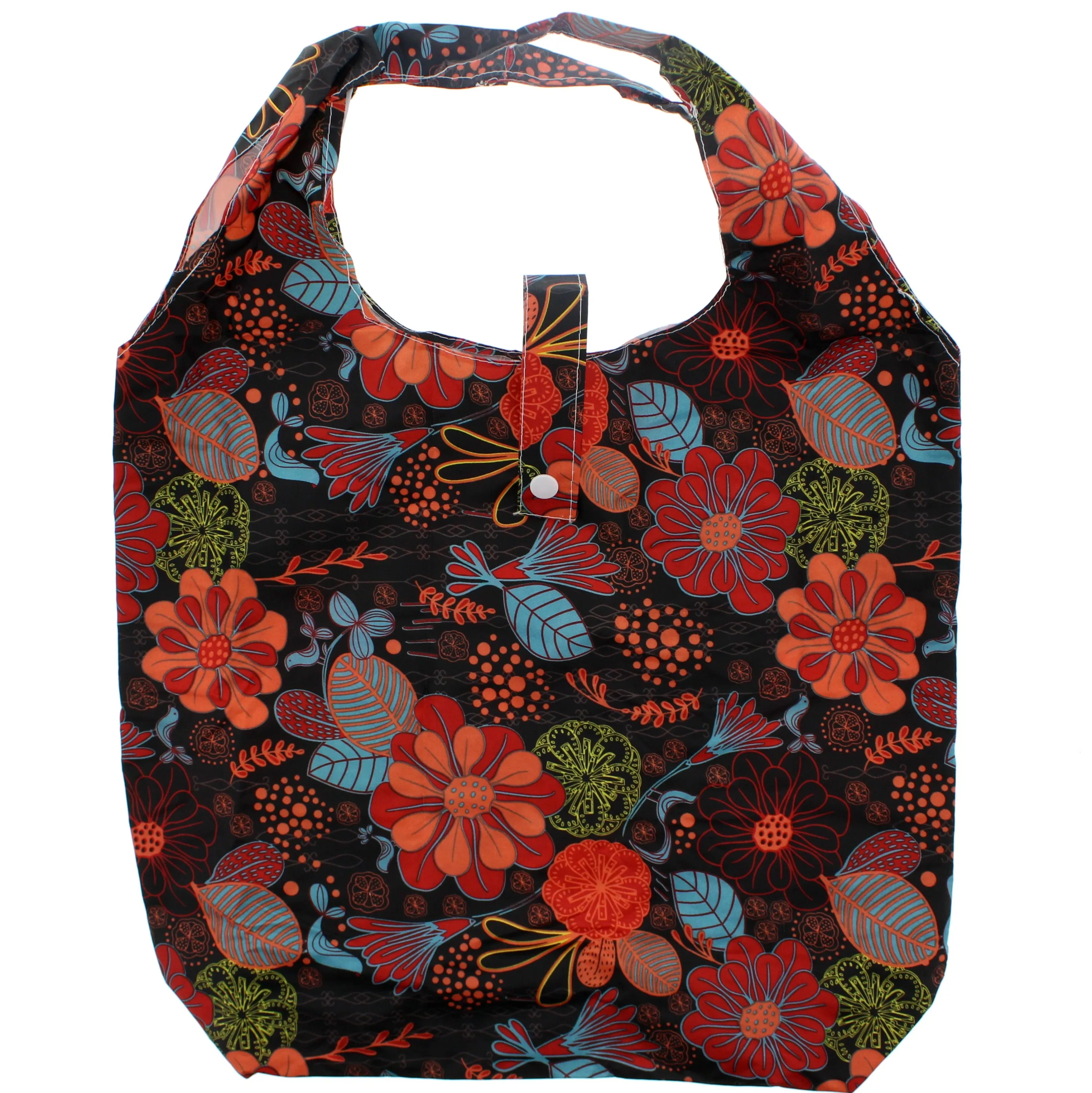 Heavy Duty Floral Print Black Shopping Bag in Pocket Pouch