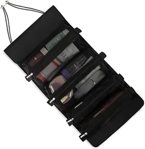 INOVERA Nylon Roll Up Foldable Cosmetic Makeup Kit Storage Organizer Toiletry Bag (Black)