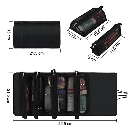 INOVERA Nylon Roll Up Foldable Cosmetic Makeup Kit Storage Organizer Toiletry Bag (Black)