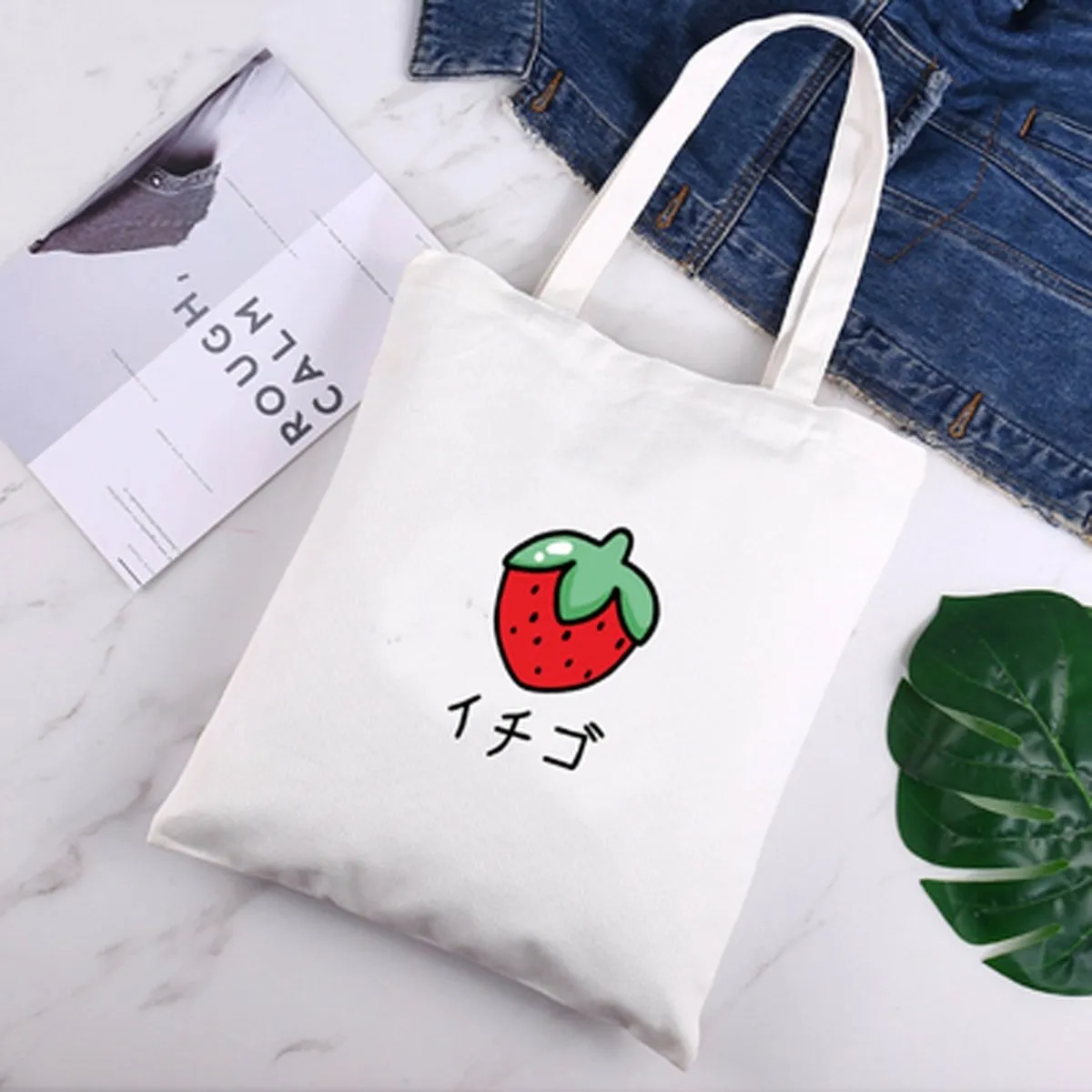 Japanese Kawaii Large Canvas Strawberry Women Tote Bag