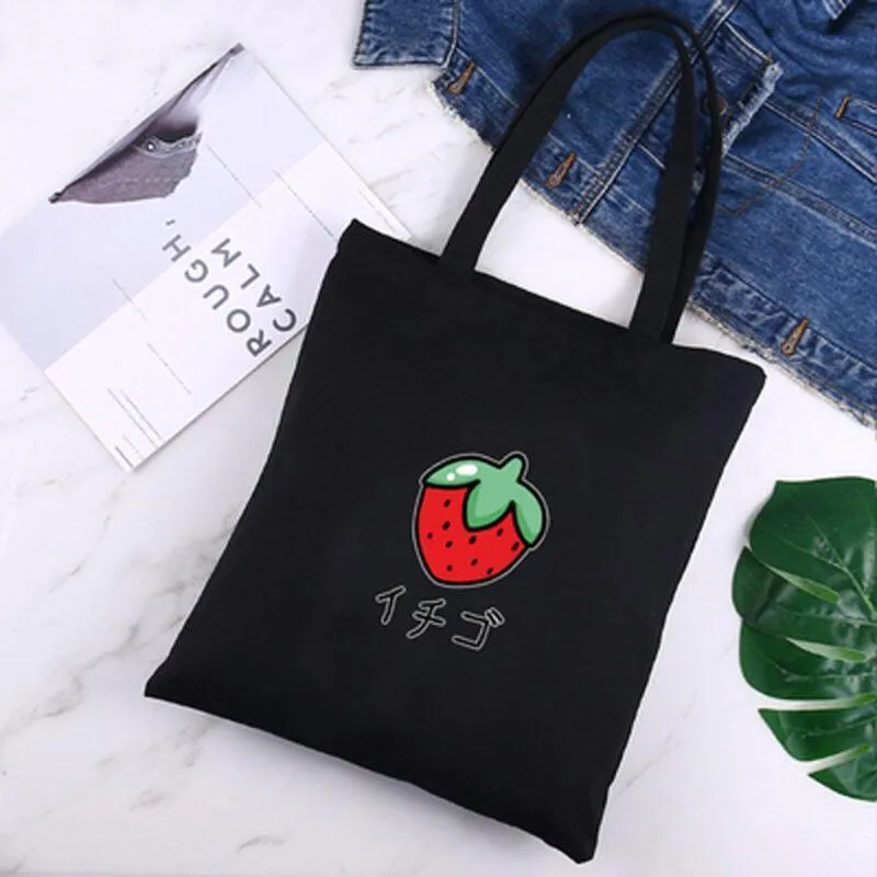 Japanese Kawaii Large Canvas Strawberry Women Tote Bag