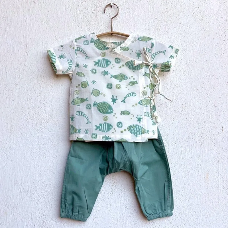 Kids Unisex Organic Cotton Koi Mint and White Angarakha with Pants