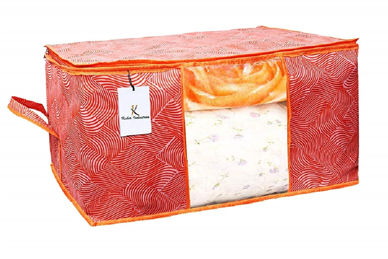 Kuber Industries Laheriya Printed Non Woven 3 Pieces Saree Cover and 2 Pieces Underbed Storage Bag, Cloth Organizer for Storage, Blanket Cover Combo Set (Orange) -CTKTC038693