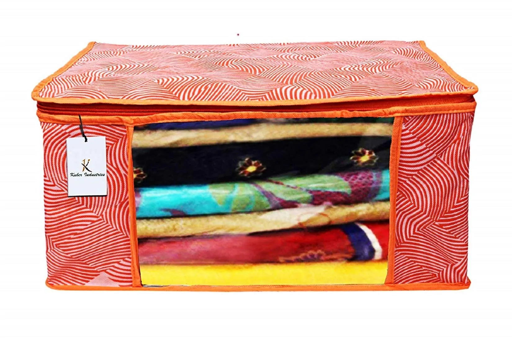 Kuber Industries Laheriya Printed Non Woven 3 Pieces Saree Cover and 2 Pieces Underbed Storage Bag, Cloth Organizer for Storage, Blanket Cover Combo Set (Orange) -CTKTC038693