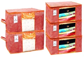 Kuber Industries Laheriya Printed Non Woven 3 Pieces Saree Cover and 2 Pieces Underbed Storage Bag, Cloth Organizer for Storage, Blanket Cover Combo Set (Orange) -CTKTC038693