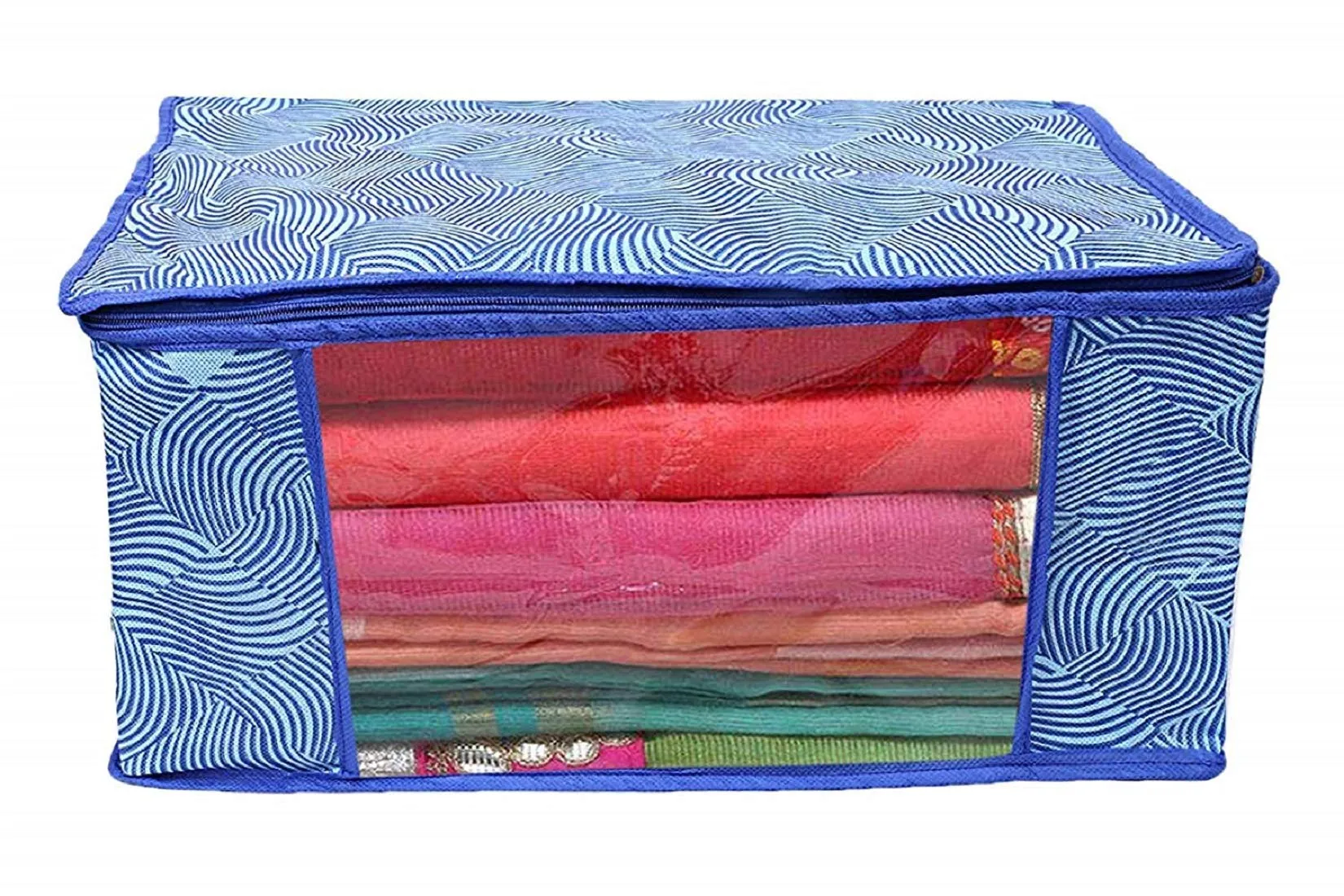 Kuber Industries Laheriya Printed Non Woven 4 Pieces Saree Cover and 4 Pieces Underbed Storage Bag, Cloth Organizer for Storage, Blanket Cover Combo Set (Blue) -CTKTC038685