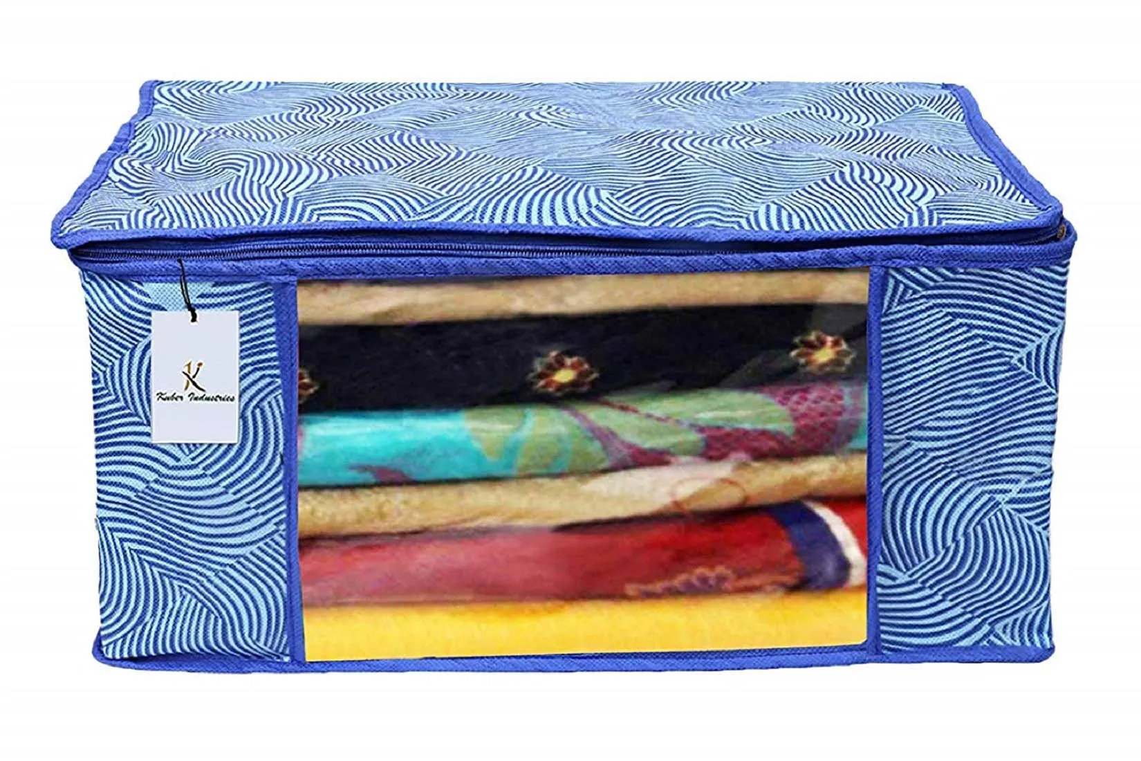 Kuber Industries Laheriya Printed Non Woven 4 Pieces Saree Cover and 4 Pieces Underbed Storage Bag, Cloth Organizer for Storage, Blanket Cover Combo Set (Blue) -CTKTC038685