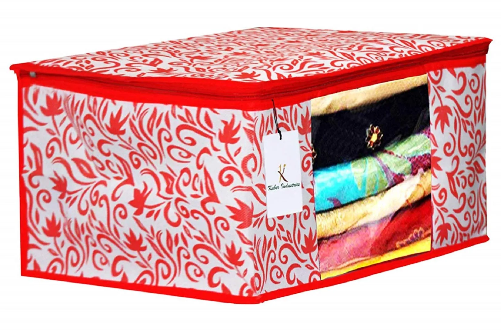 Kuber Industries Leaf Design Non Woven 4 Pieces Saree Cover And 4 Pieces Underbed Storage Bag, Cloth Organizer For Storage, Blanket Cover Combo Set (Red) -CTKTC38674