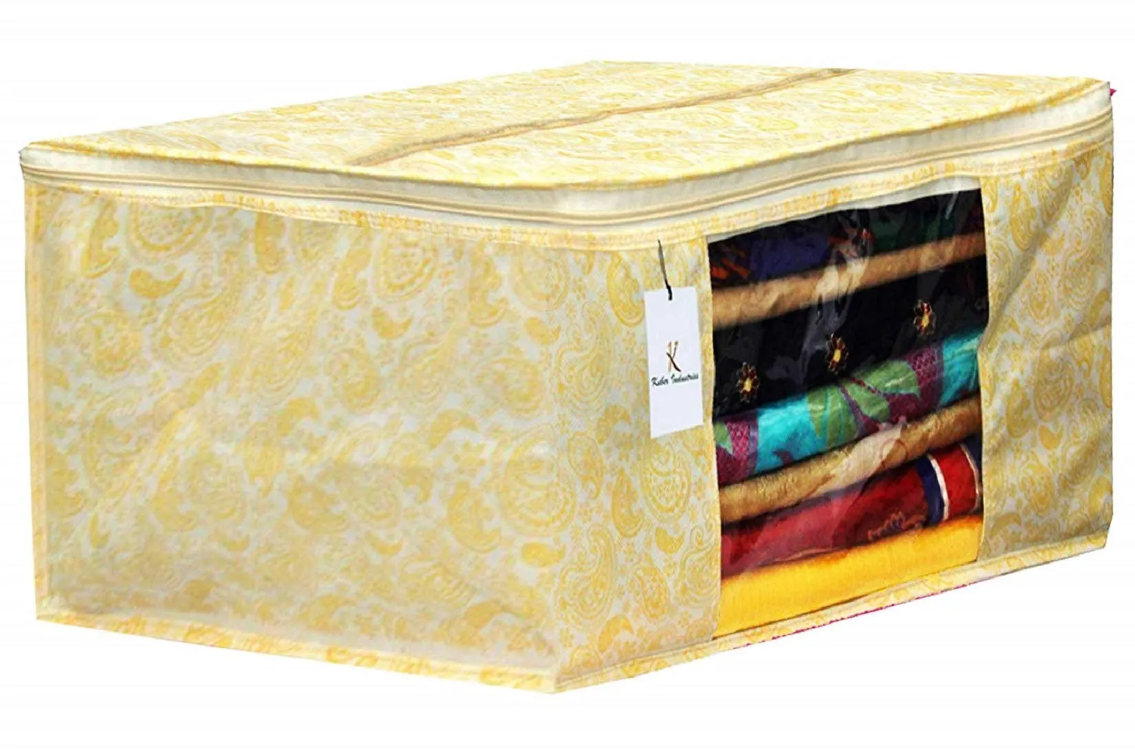 Kuber Industries Metallic Printed Non Woven 6 Pieces Saree Cover and 6 Pieces Underbed Storage Bag, Cloth Organizer for Storage, Blanket Cover Combo Set (Gold) -CTKTC38593