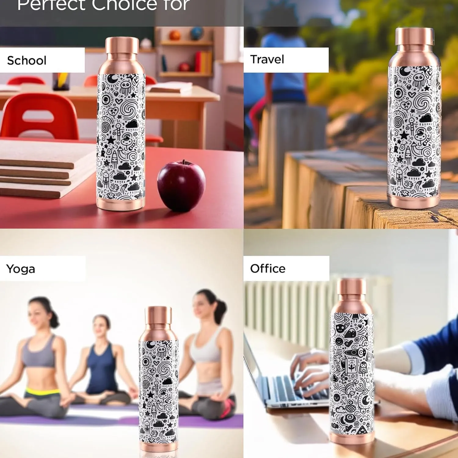 Kuber Industries Pack of 3 Copper Water Bottle - Eco-Friendly & Leakproof Tamaba Bottle for Office/Gym/Yoga/College, Men & Women | 950ml | Lining Design